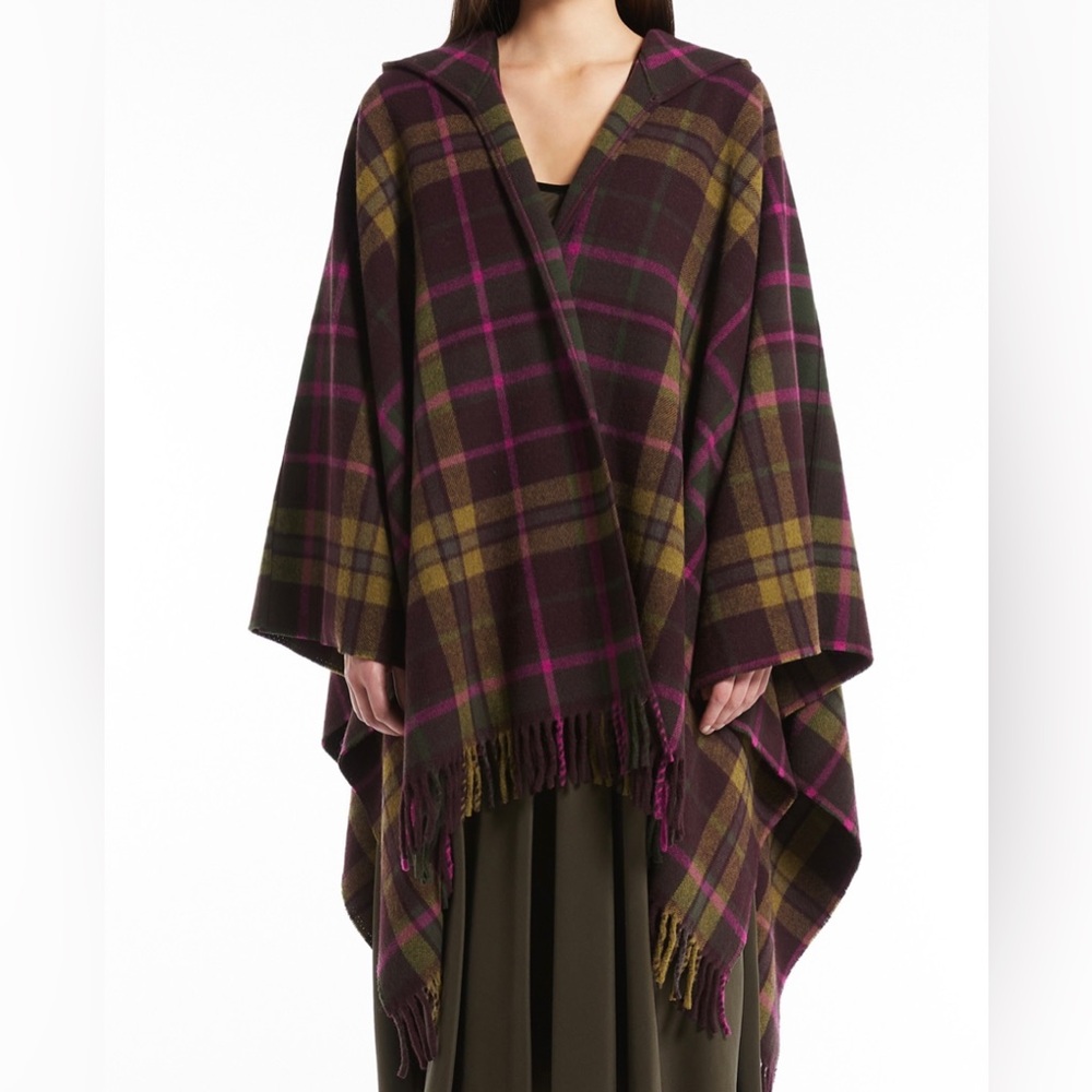 MAX MARA Outlander Tartan Plaid Hooded Ruana Cape Olive Green Fringe M Like New! - Picture 2 of 14